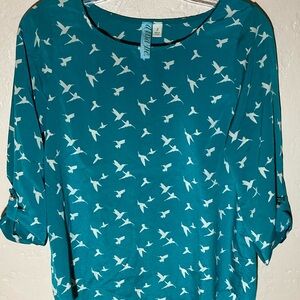 Alna Be Teal Bird Print Blouse